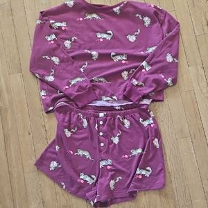 American Eagle Outfitters Plum Cat Print Pajama Set